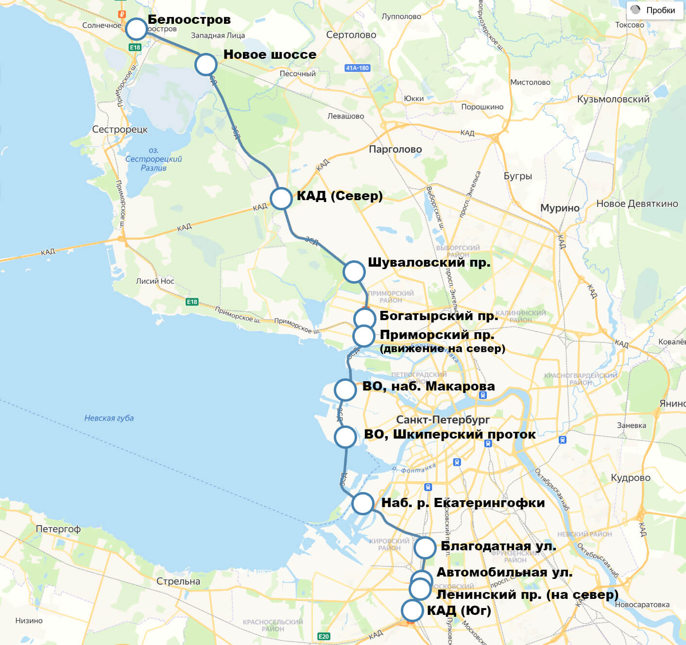 Карта ЗСД в Санкт-Петербурге с точками въезда и выезда.